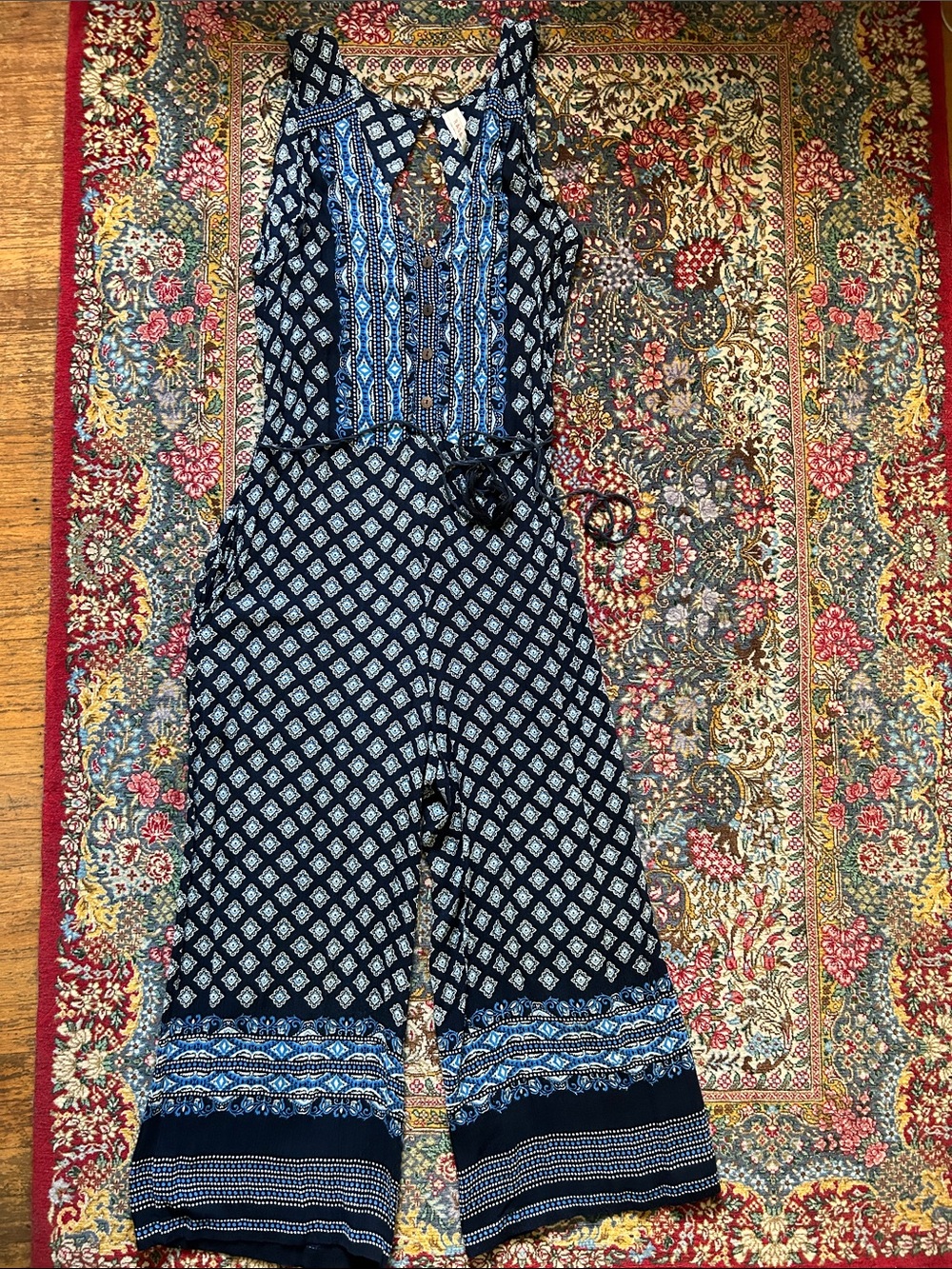 RAGA Navy Blue Patterned Wide-Leg Sleeveless Jumpsuit